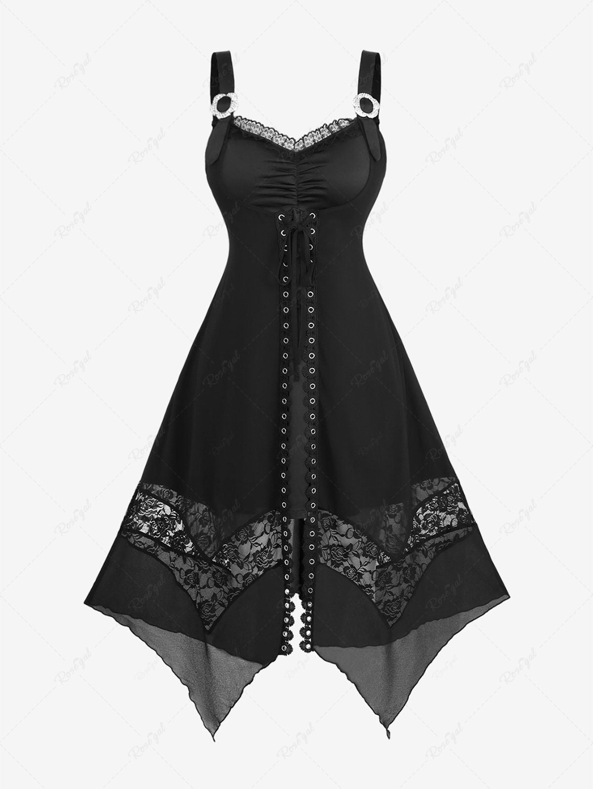 Gothic Plus Size Lace-up Grommets Floral Lace Patchwork Flower Buckle Asymmetrical Tank Dress