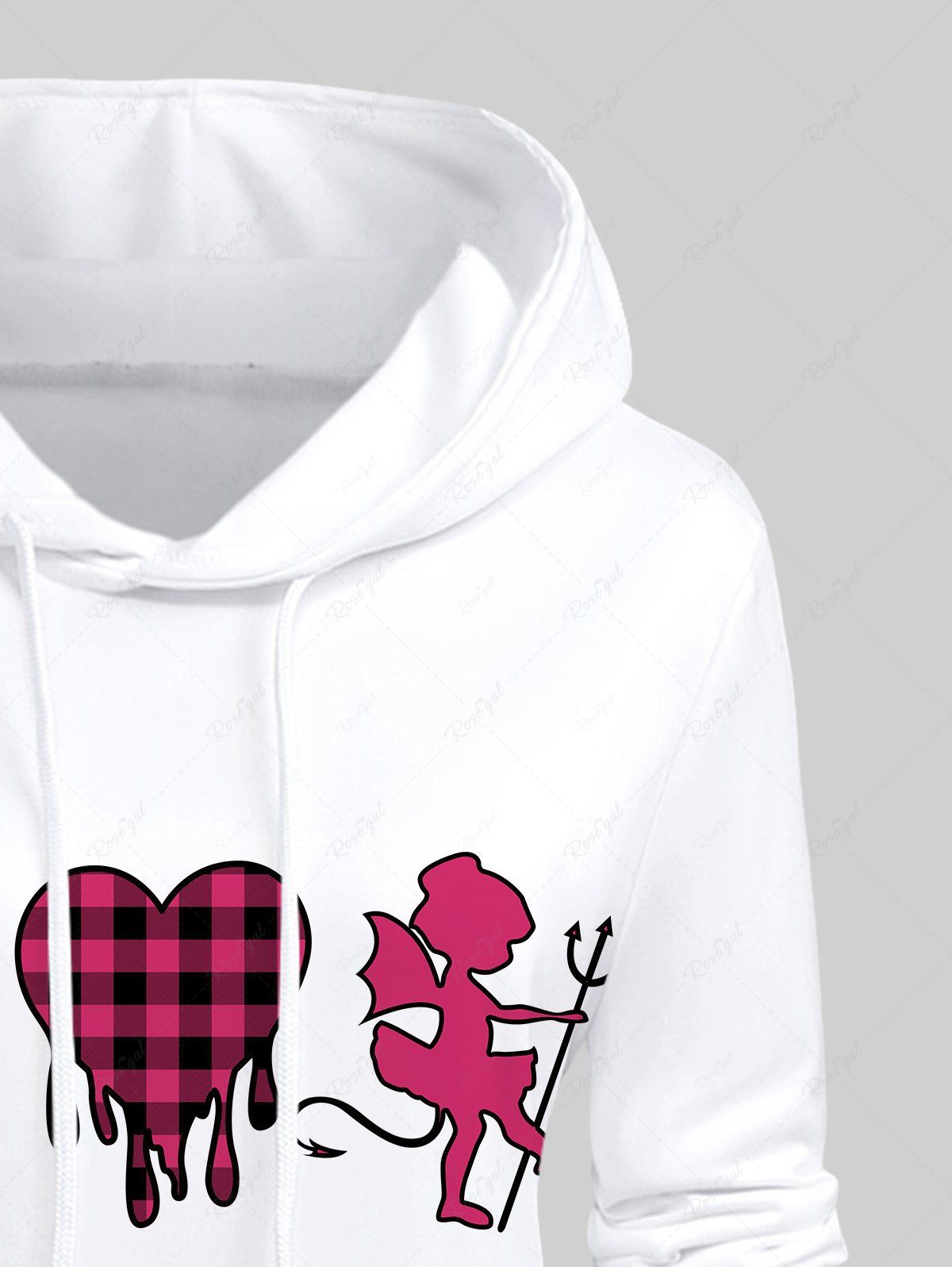 Gothic Plaid Heart Cupid Victory Gesture Print Valentines Pocket Drawstring Pullover Hoodie