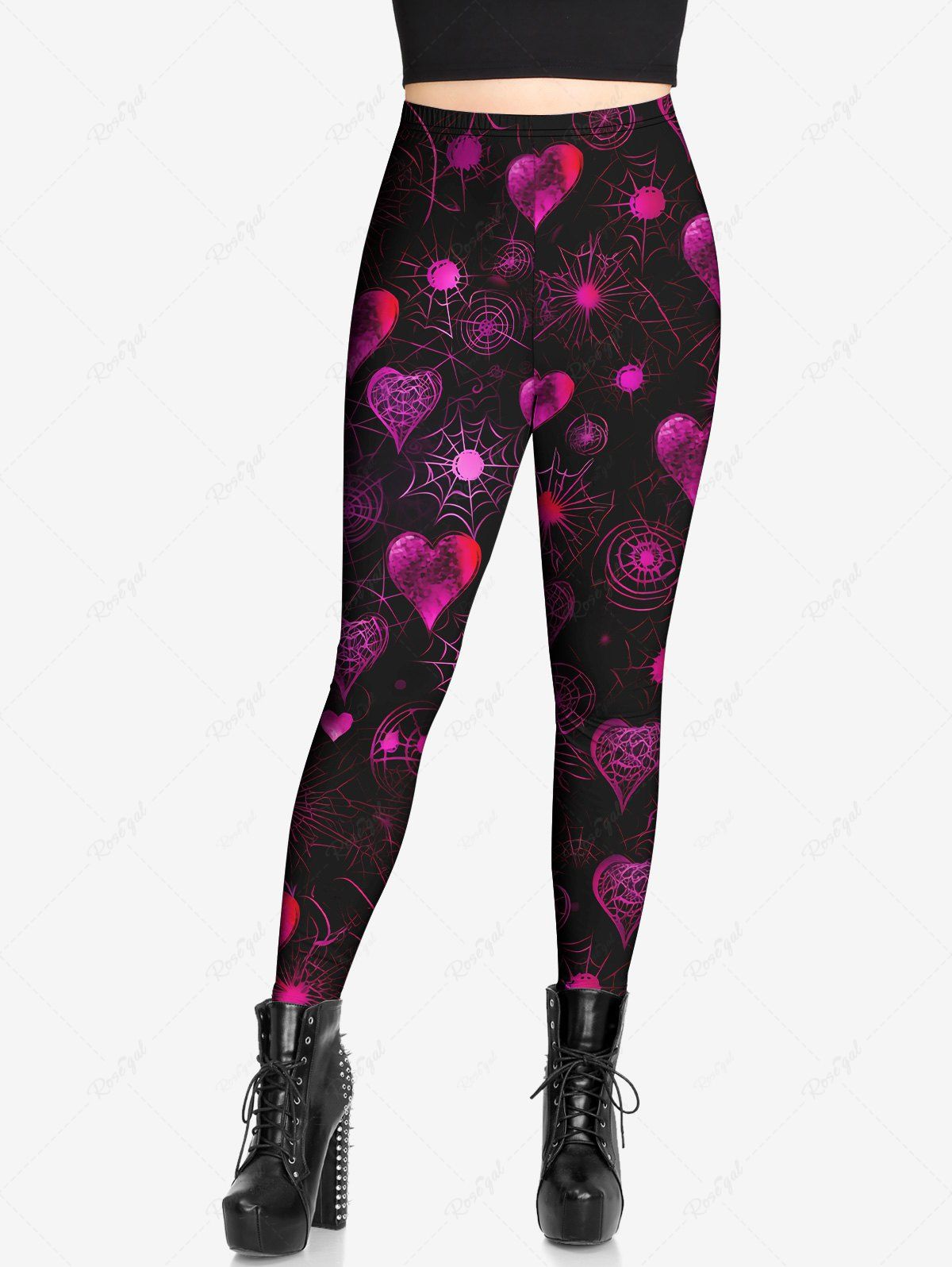 Gothic Plus Size Distressed Heart Spider Web Print Valentines Skinny Leggings