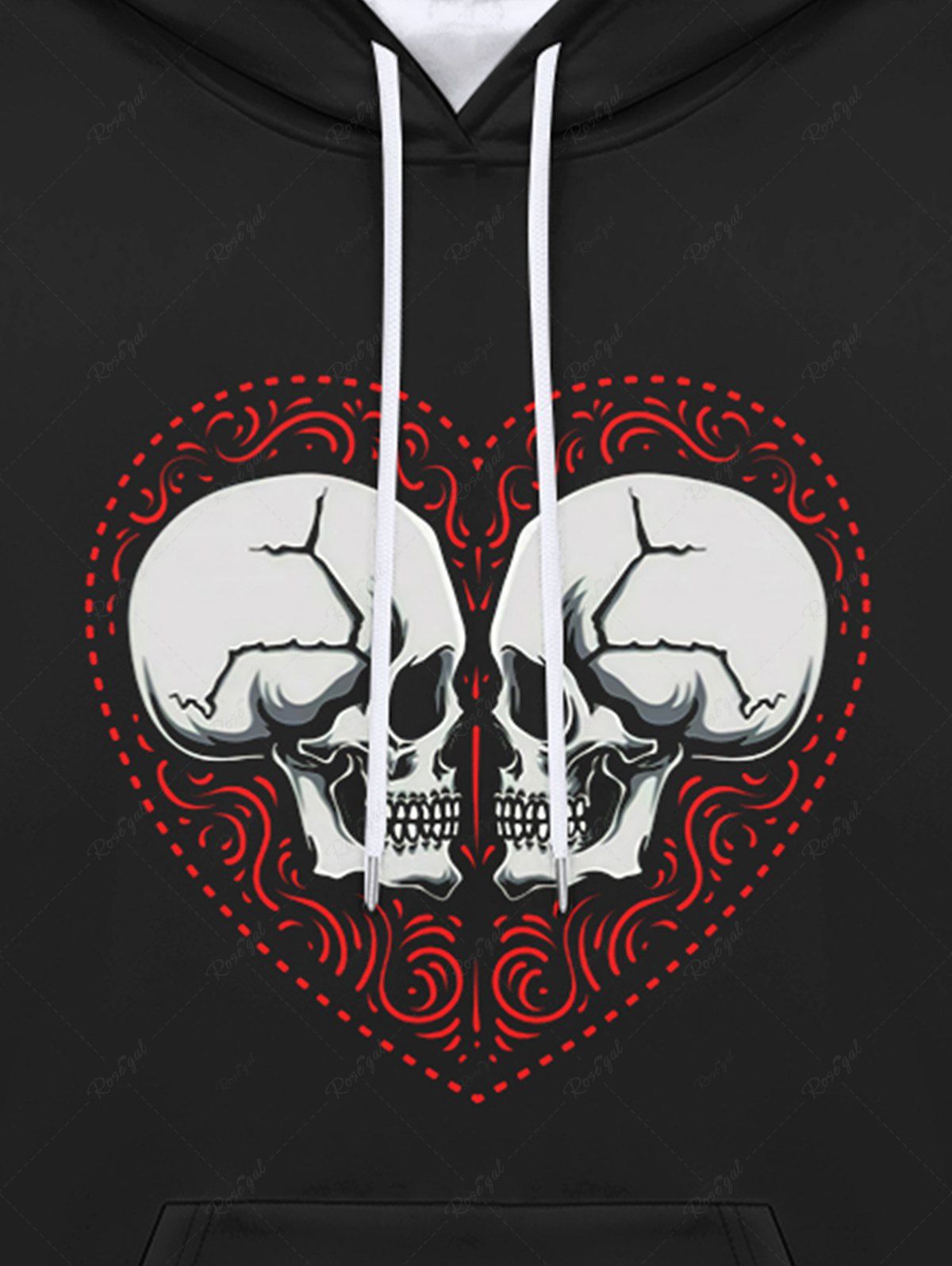 Gothic Valentine's Day Heart Skulls Print Pockets Fleece Lining Drawstring Hoodie For Men