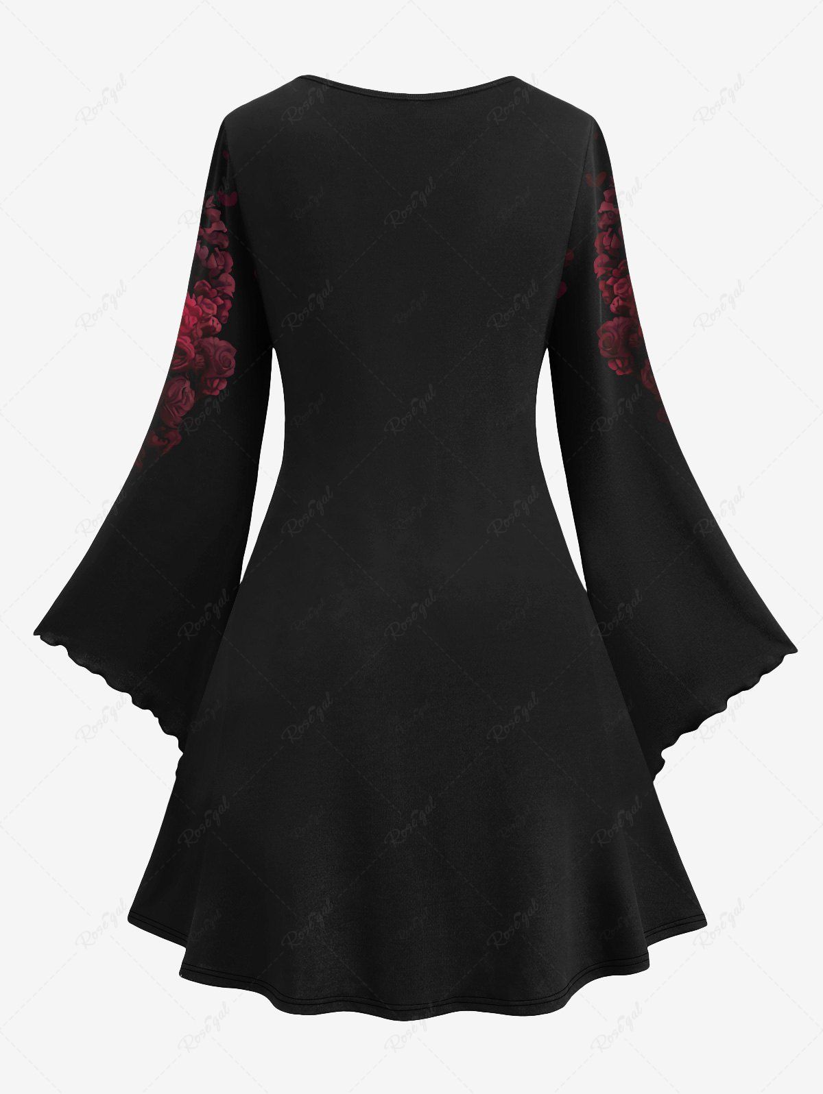 Gothic Plus Size Flare Sleeves Skeleton Lovers Tree Rose Flower Print Valentines A Line Dress