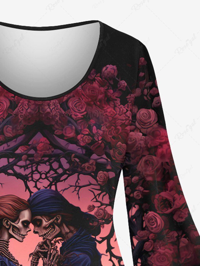 Gothic Plus Size Flare Sleeves Skeleton Lovers Tree Rose Flower Print Valentines A Line Dress