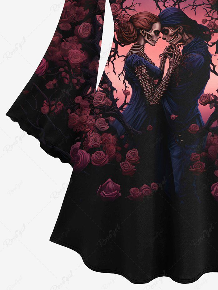 Gothic Flare Sleeves Skeleton Lovers Tree Rose Flower Print Valentines A Line Dress
