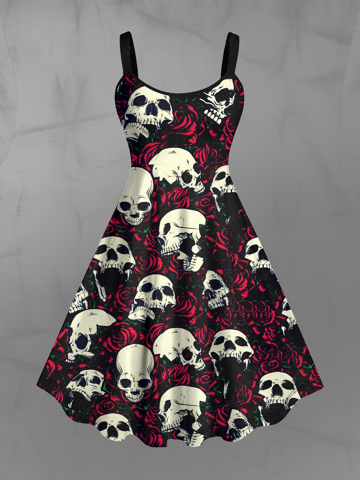 Gothic Plus Size Distressed Skulls Rose Flower Print Valentines A Line Tank Dress