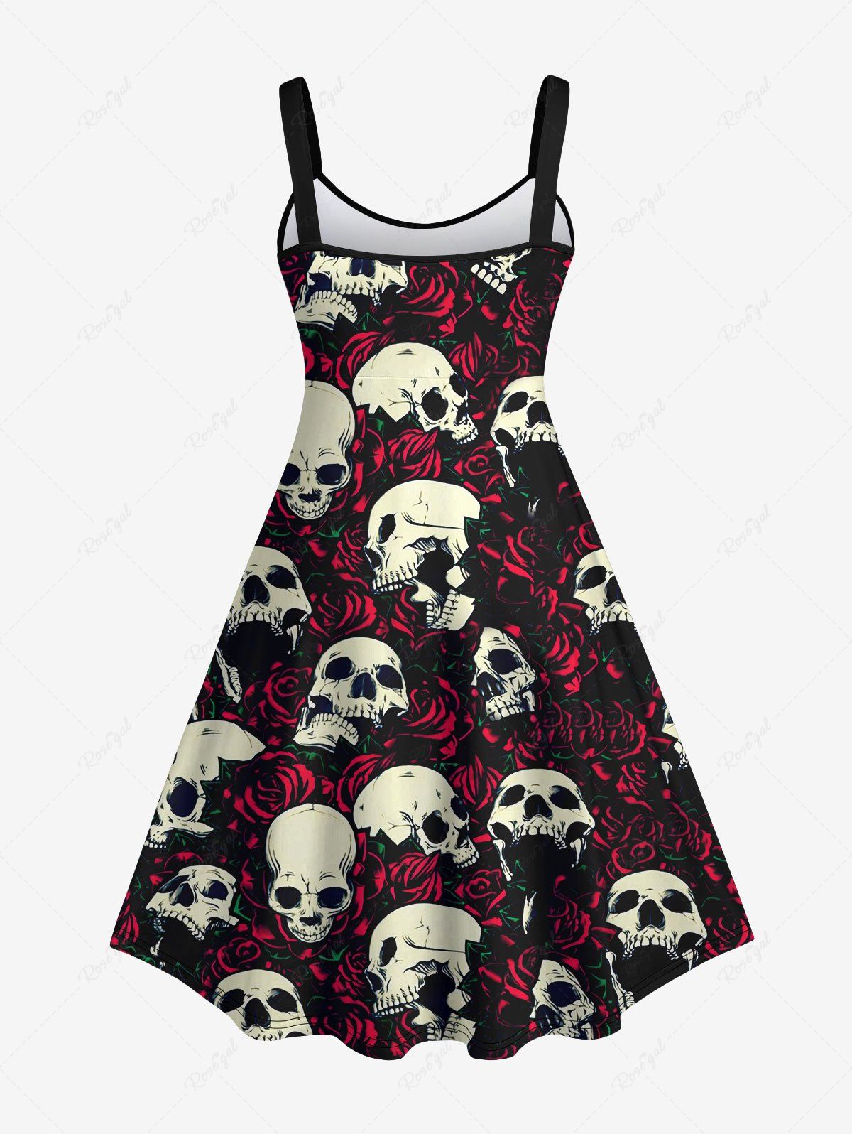 Gothic Plus Size Distressed Skulls Rose Flower Print Valentines A Line Tank Dress