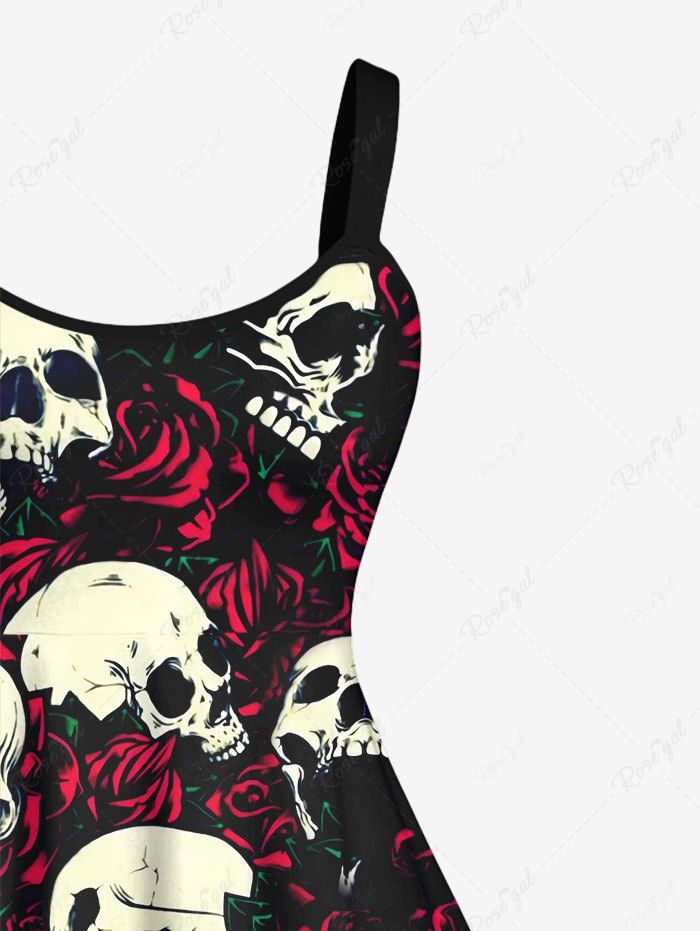 Gothic Plus Size Distressed Skulls Rose Flower Print Valentines A Line Tank Dress