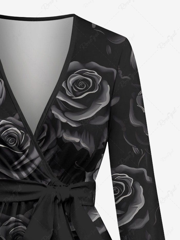Gothic Poet Sleeves 3D Rose Flower Print Valentines Tied Top