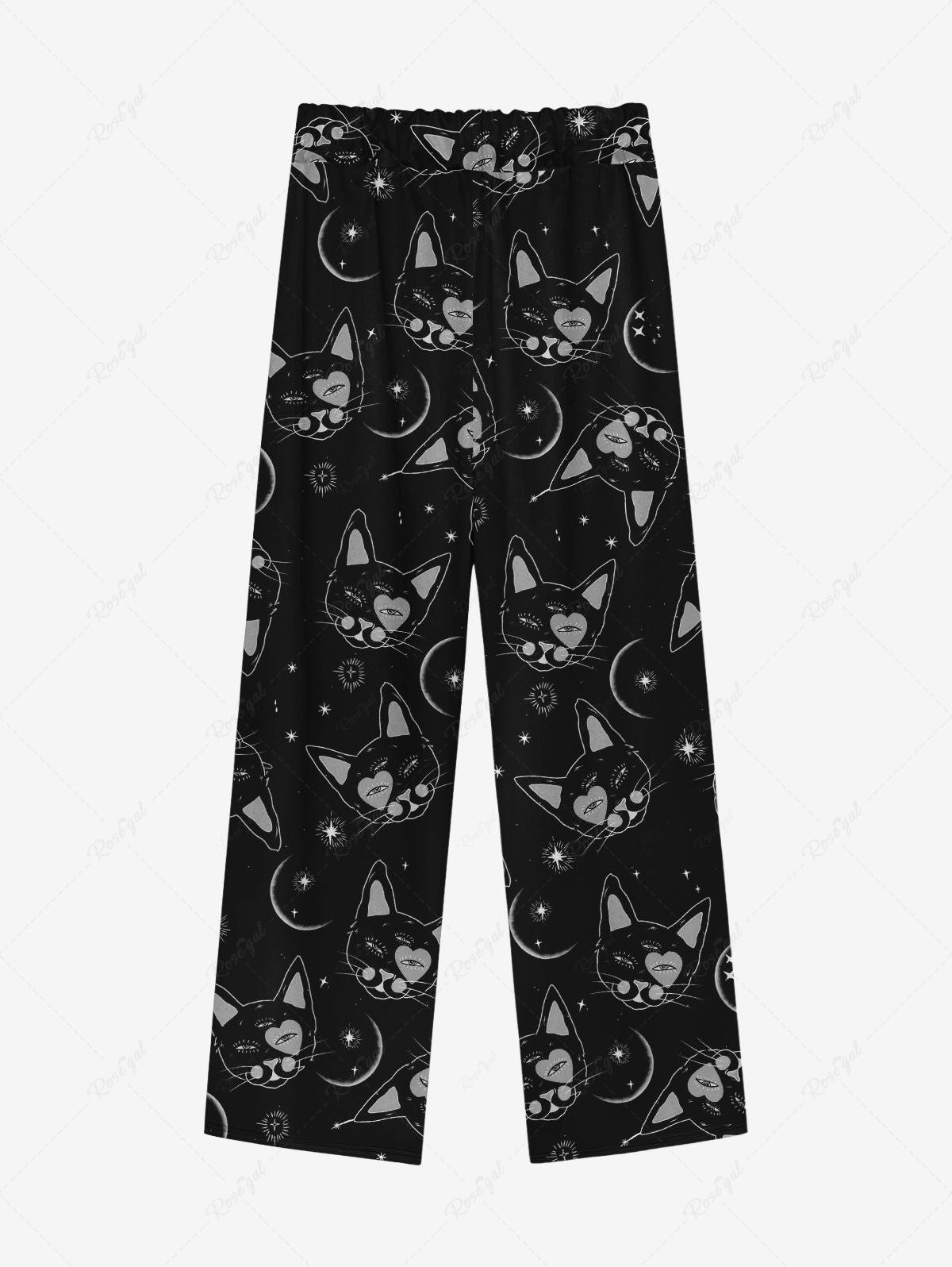 Gothic Cats Moon Stars Print Wide Leg Drawstring Sweatpants For Men