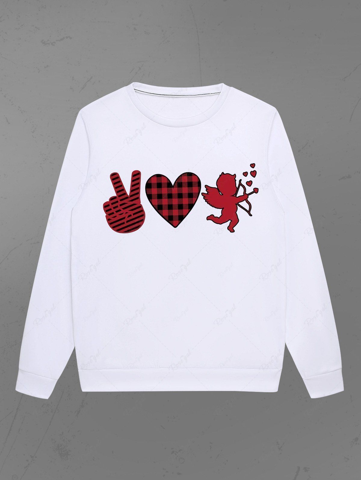Gothic Valentine's Day Plaid Heart Victory Gesture Cupid Print Fleece Lining Sweatshirt For Men
