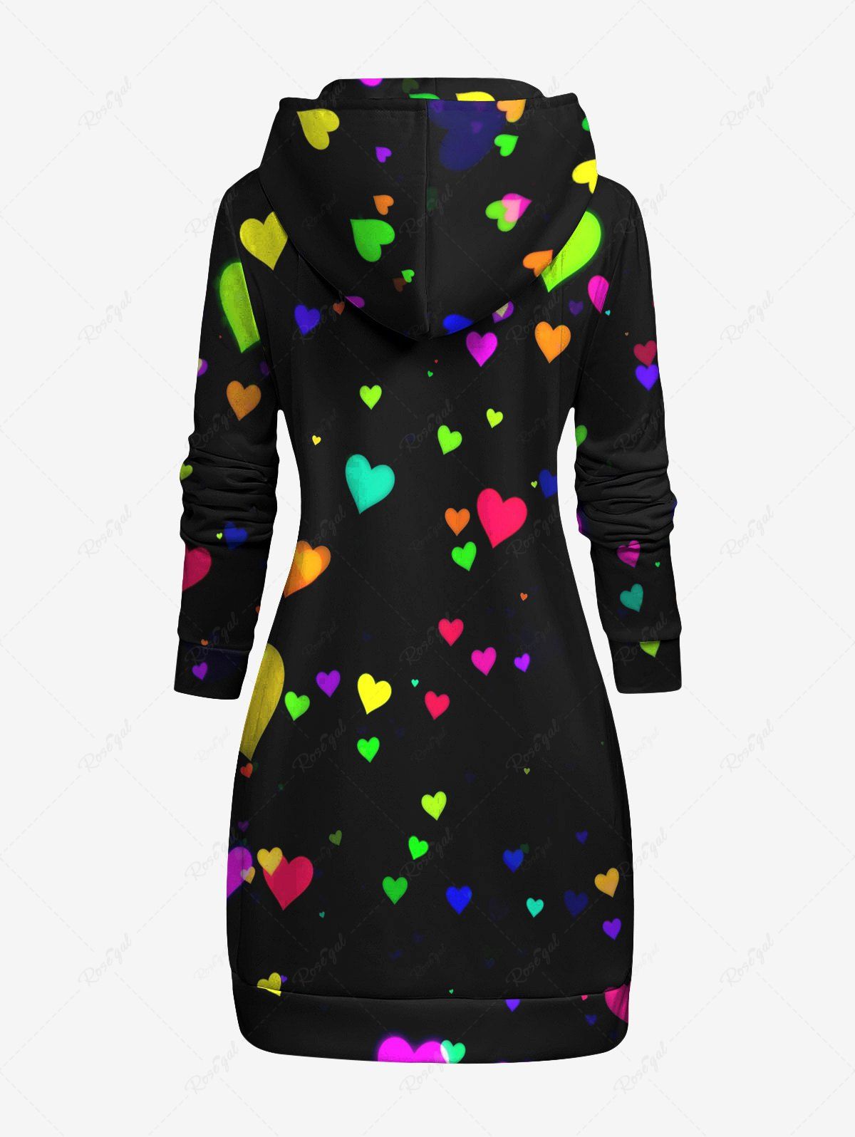 Gothic Plus Size Colorful Heart Skeleton Woman Print Valentines Pocket Drawstring Pullover Hoodie