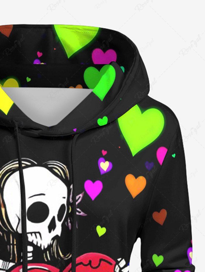 Gothic Colorful Heart Skeleton Woman Print Valentines Pocket Drawstring Pullover Hoodie