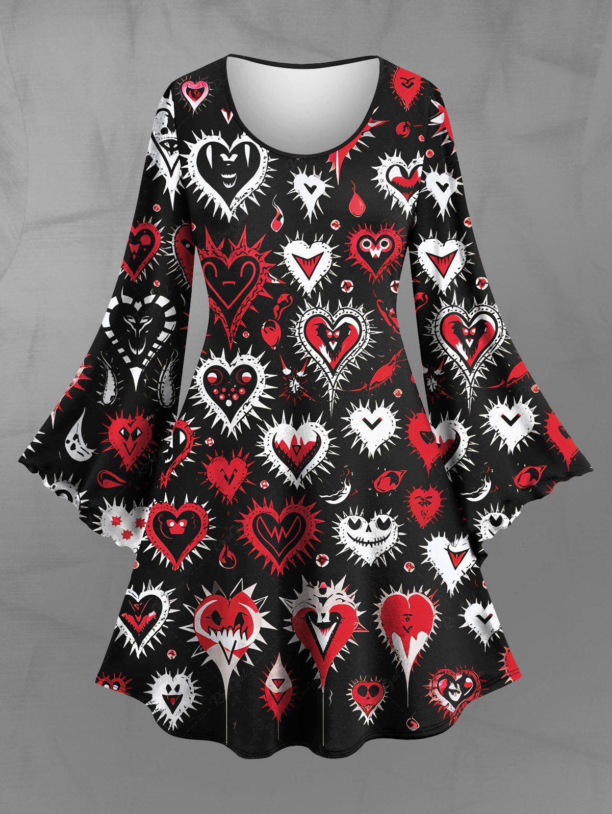 Gothic Plus Size Flare Sleeves Cute Ghost Face Heart Print Valentines A Line Dress