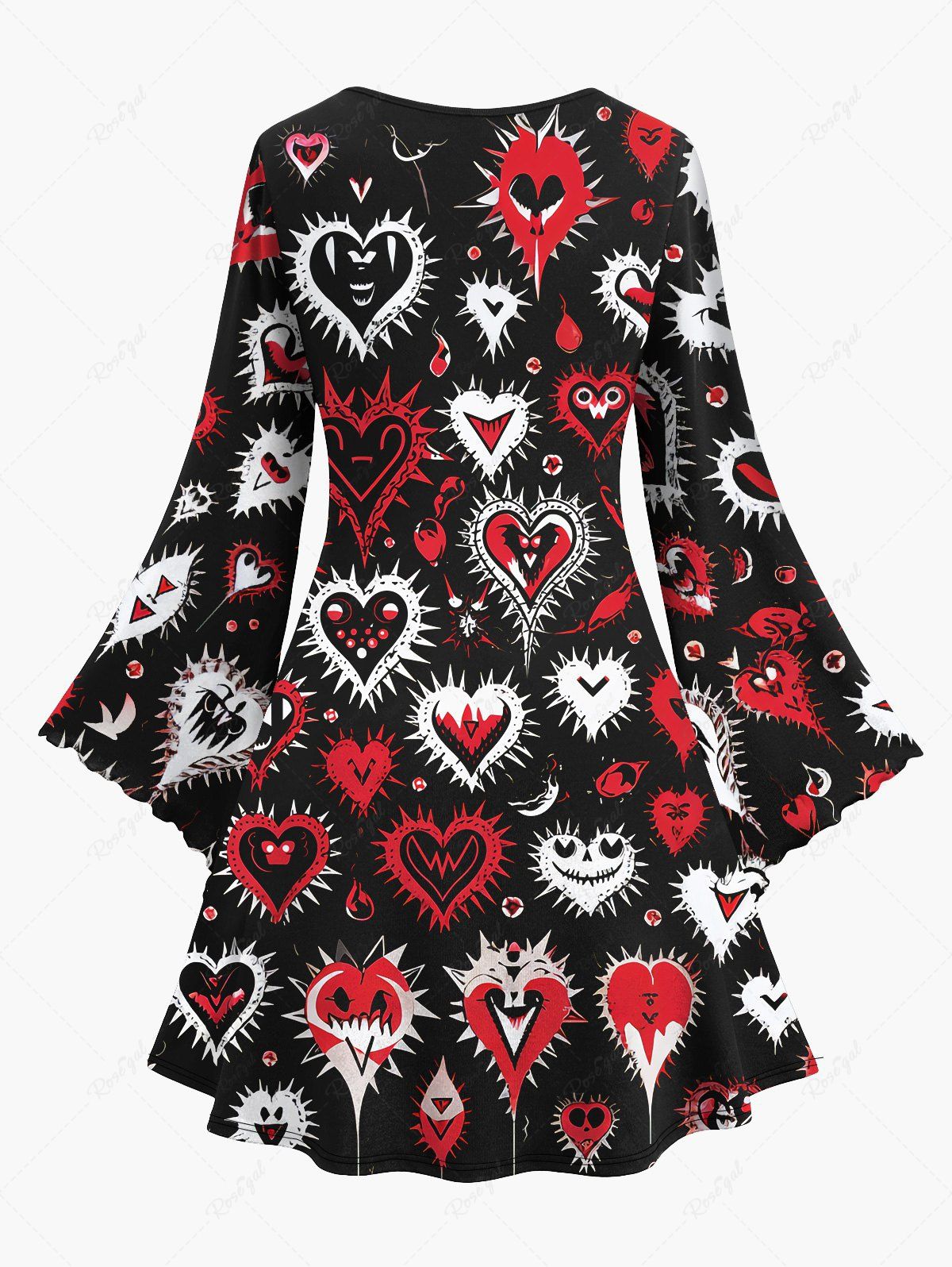 Gothic Plus Size Flare Sleeves Cute Ghost Face Heart Print Valentines A Line Dress