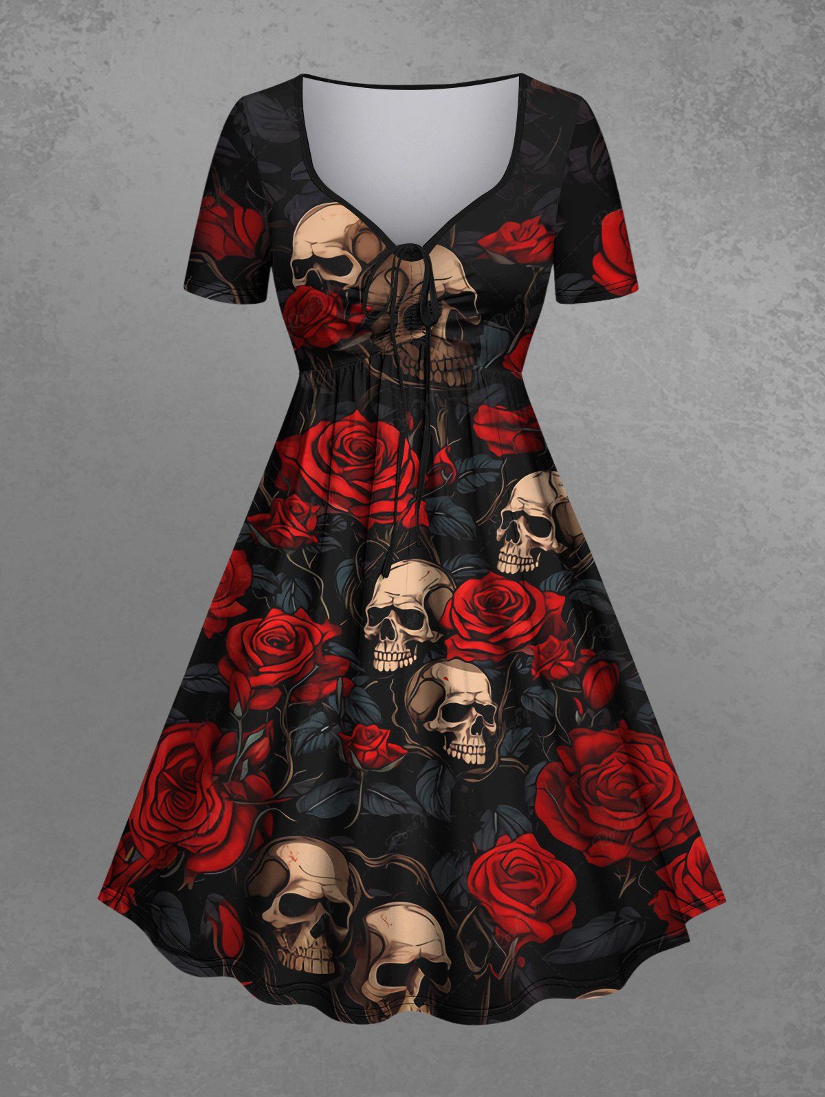 Gothic Plus Size 3D Skulls Rose Flower Leaf Print Valentines Cinched A Line Short Sleeves Dress