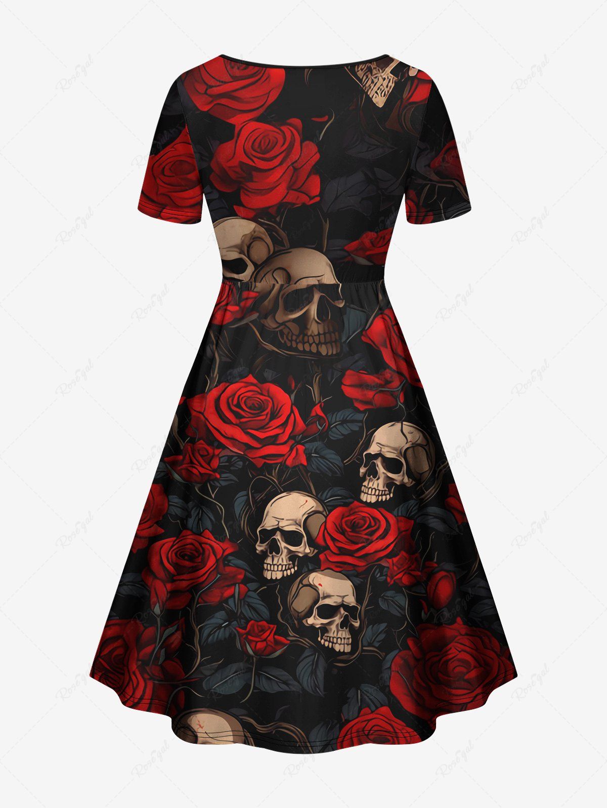 Gothic Plus Size 3D Skulls Rose Flower Leaf Print Valentines Cinched A Line Short Sleeves Dress