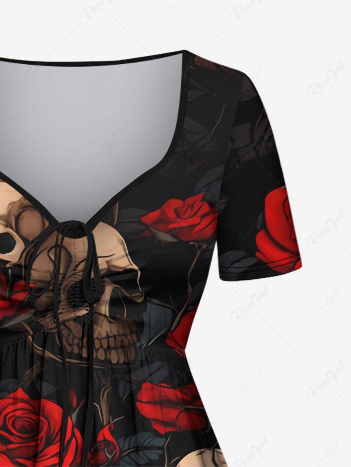 Gothic Plus Size 3D Skulls Rose Flower Leaf Print Valentines Cinched A Line Short Sleeves Dress