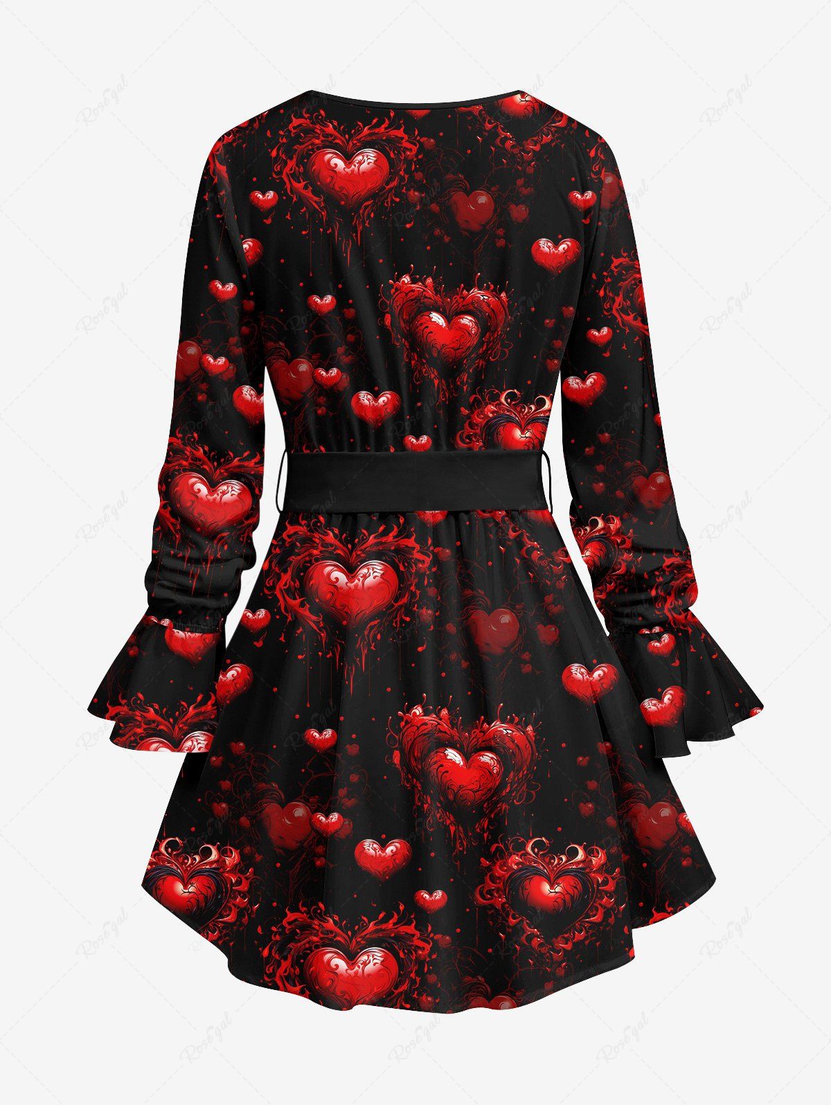 Gothic Poet Sleeves 3D Bloody Heart Print Valentines Top with Tied Belt