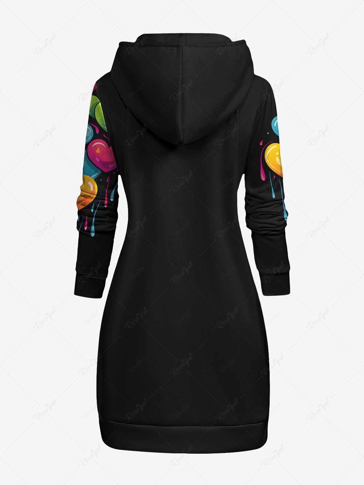 Gothic Colorful Paint Drop Heart Print Valentines Pocket Drawstring Pullover Long Sleeves Hoodie