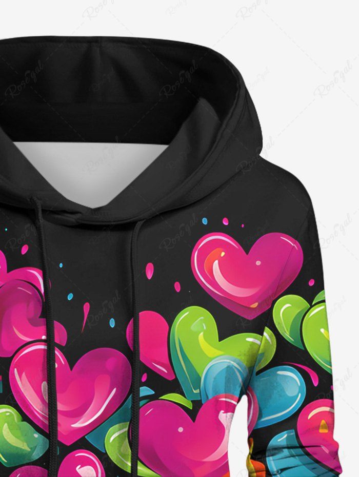 Gothic Colorful Paint Drop Heart Print Valentines Pocket Drawstring Pullover Long Sleeves Hoodie