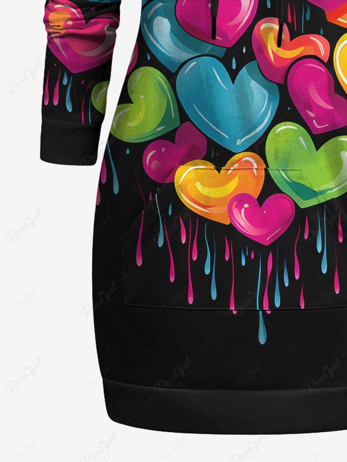 Gothic Colorful Paint Drop Heart Print Valentines Pocket Drawstring Pullover Long Sleeves Hoodie