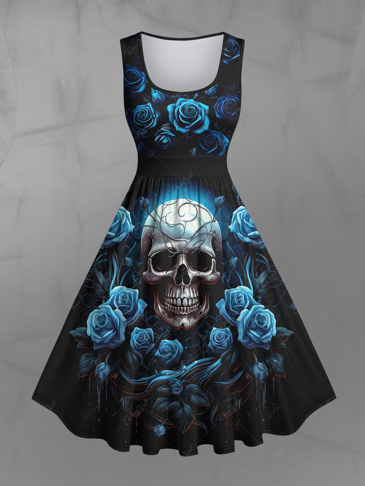 Gothic Plus Size Vintage Glitter 3D Bloody Rose Flower Skull Galaxy Print Ruched Sleeveless A Line Dress