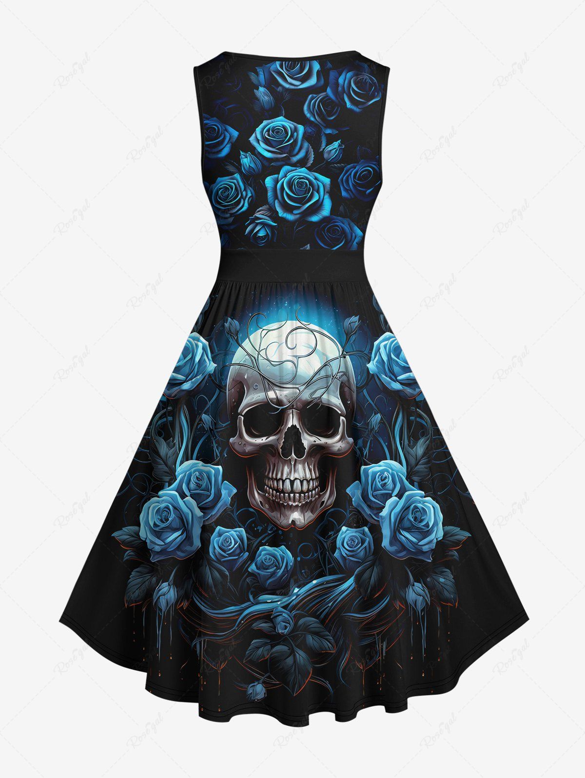 Gothic Plus Size Vintage Glitter 3D Bloody Rose Flower Skull Galaxy Print Ruched Sleeveless A Line Dress