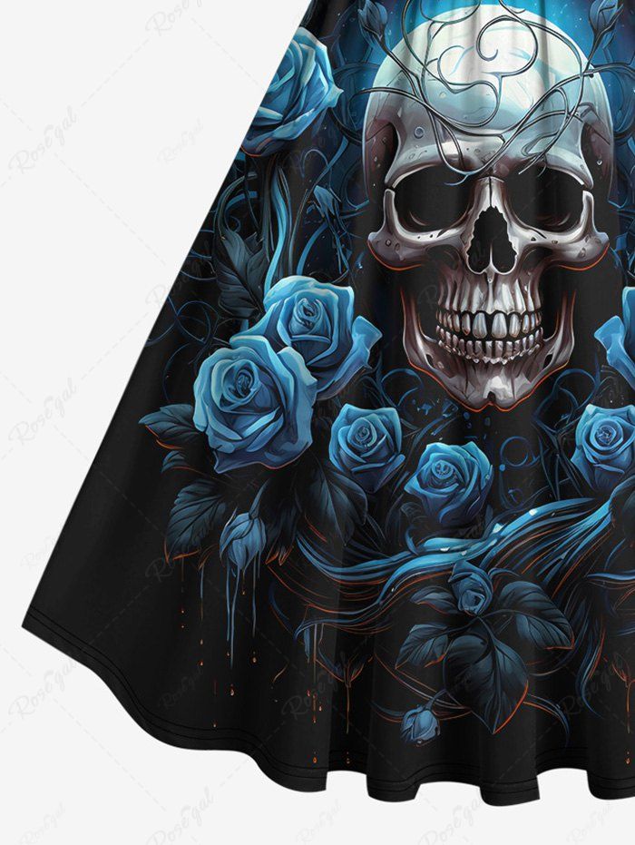 Gothic Plus Size Vintage Glitter 3D Bloody Rose Flower Skull Galaxy Print Ruched Sleeveless A Line Dress