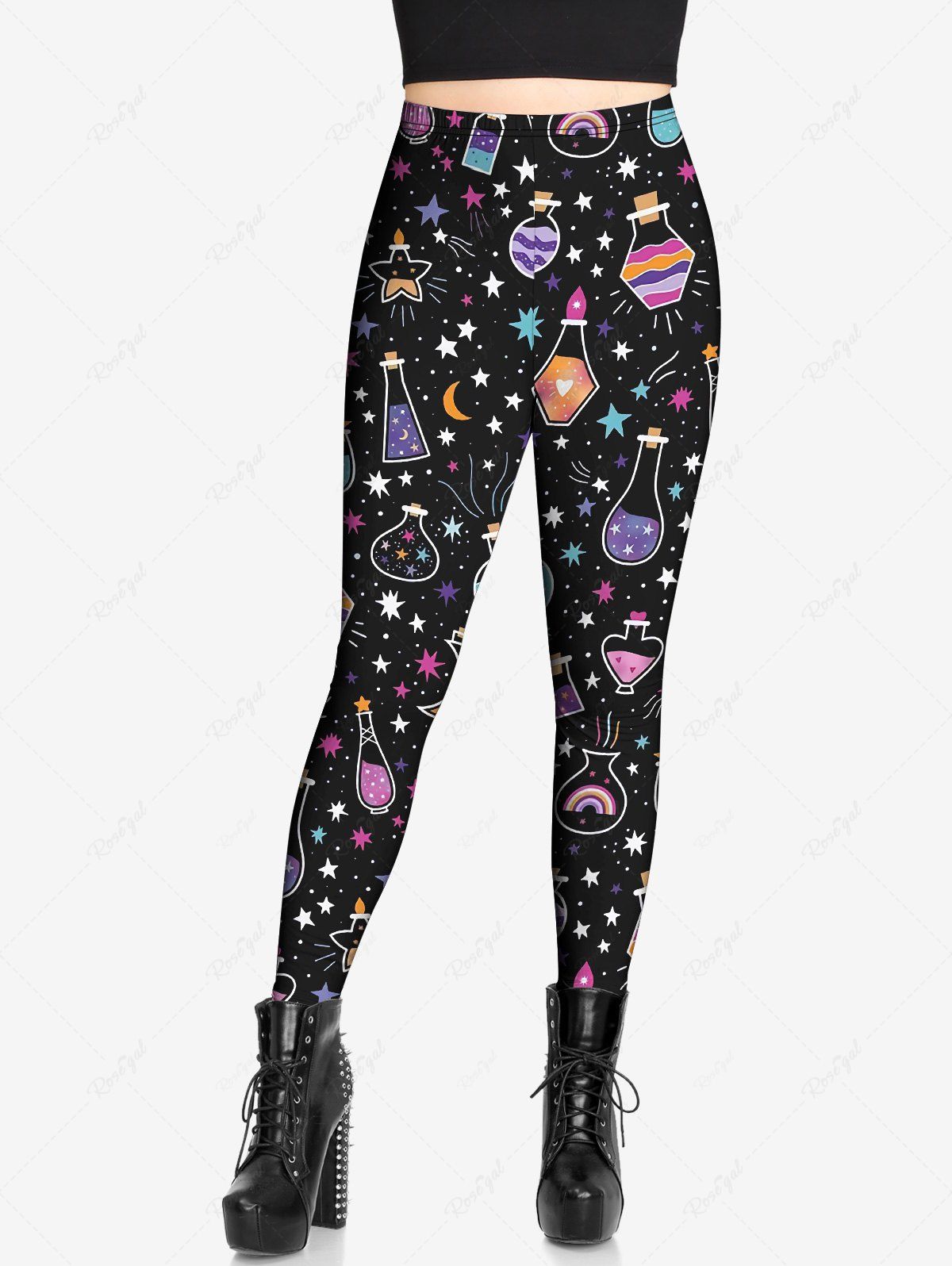 Gothic Plus Size Colorful Star Moon Striped Bottle Heart Candle Print Skinny Leggings