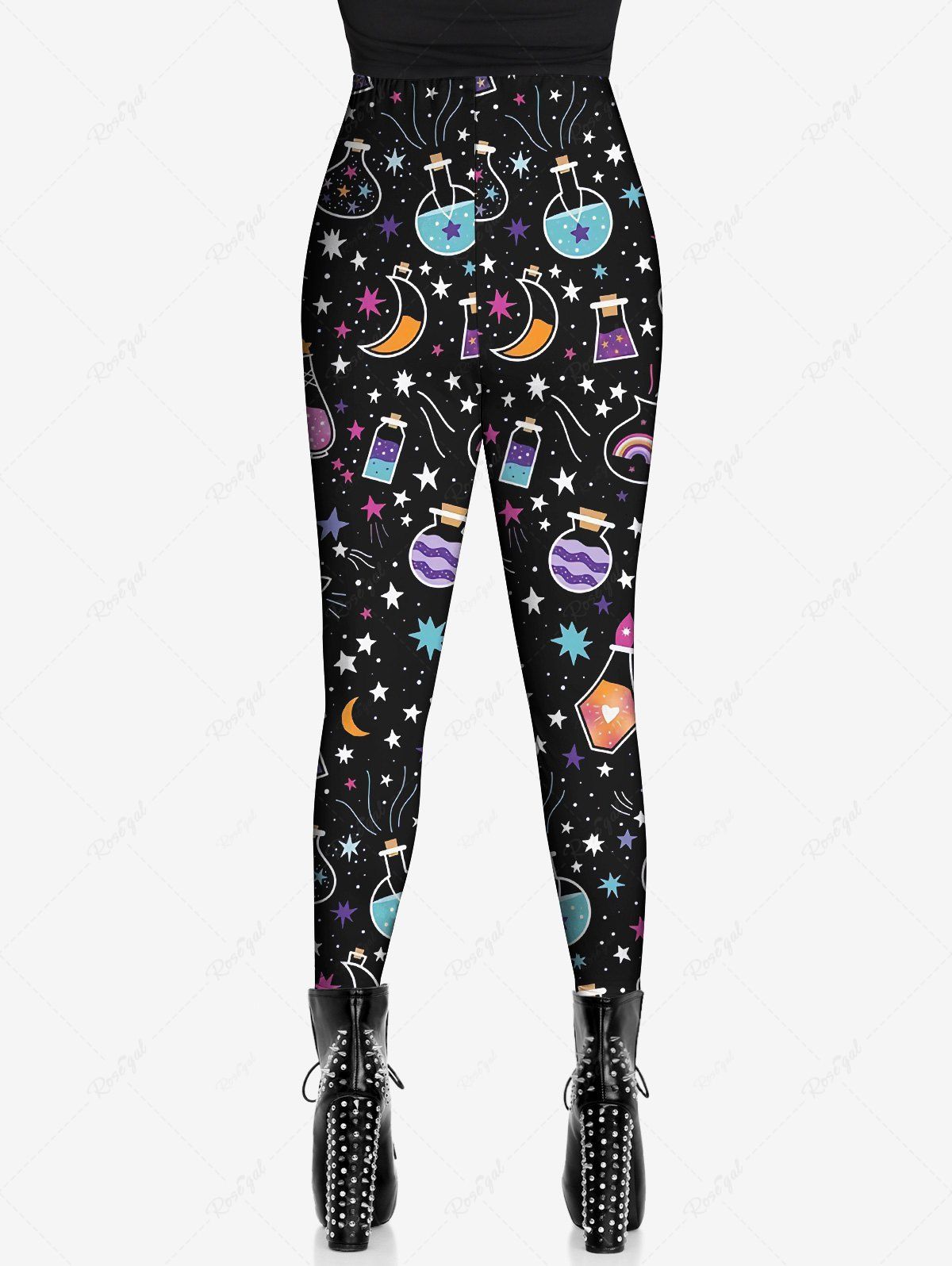 Gothic Plus Size Colorful Star Moon Striped Bottle Heart Candle Print Skinny Leggings