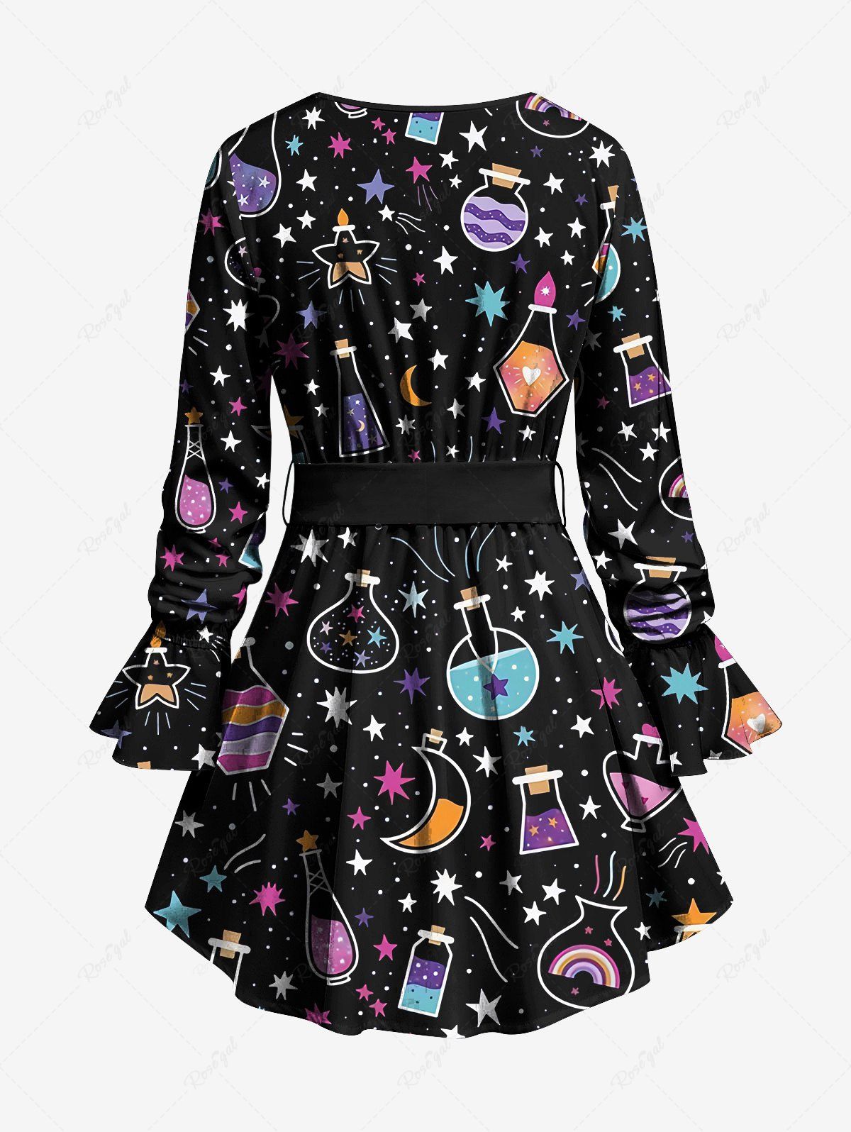Gothic Poet Sleeves Colorful Star Moon Striped Bottle Candle Heart Print Top with Tied Belt