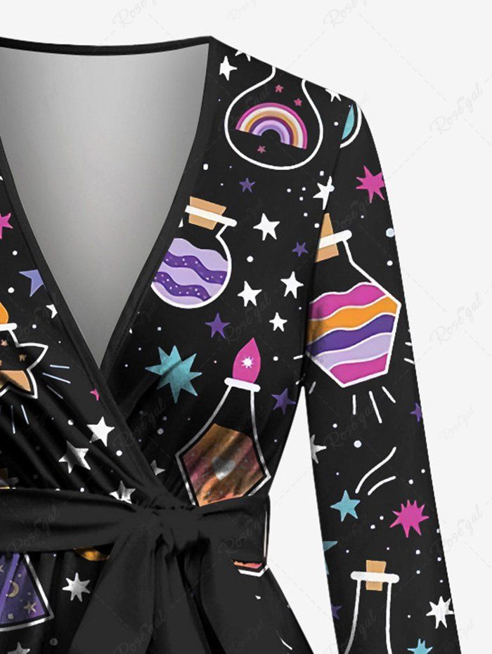 Gothic Poet Sleeves Colorful Star Moon Striped Bottle Candle Heart Print Top with Tied Belt