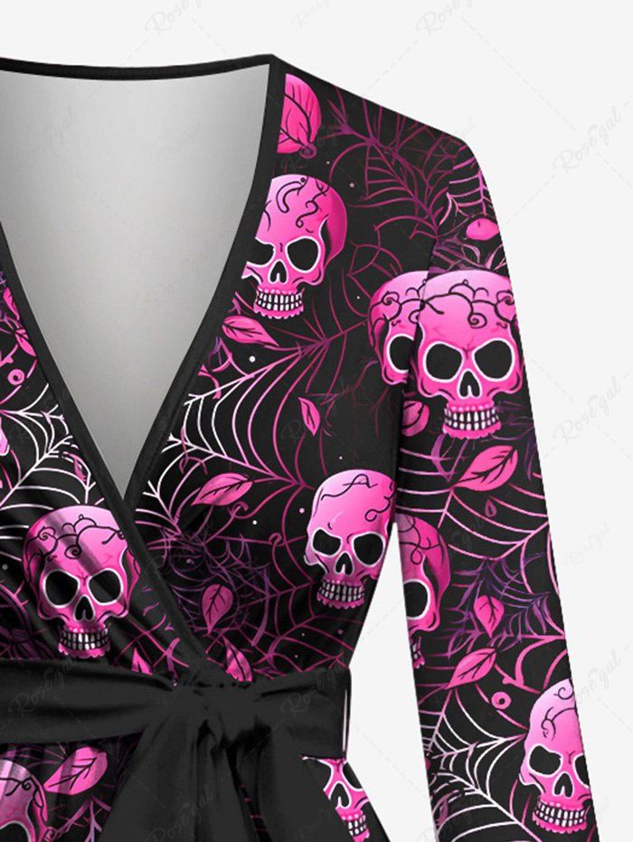 Gothic Poet Sleeves Skulls Spider Web Print Long Sleeves Top with Tied Belt
