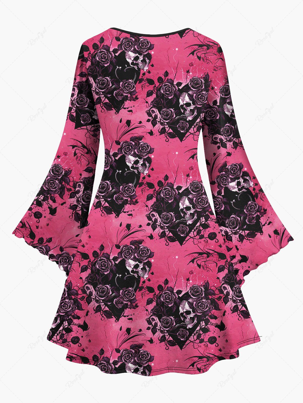 Gothic Plus Size Flare Sleeves Distressed Rose Flower Skulls Heart Cracked Print Valentines Ombre A Line Dress