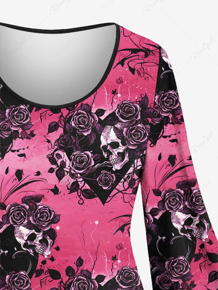 Gothic Plus Size Flare Sleeves Distressed Rose Flower Skulls Heart Cracked Print Valentines Ombre A Line Dress