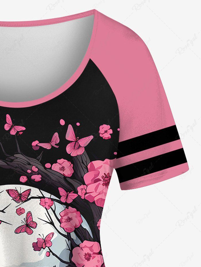 Gothic Striped Raglan Sleeves Peach Blossom Skull Butterfly Branch 3D Print Valentines T-shirt
