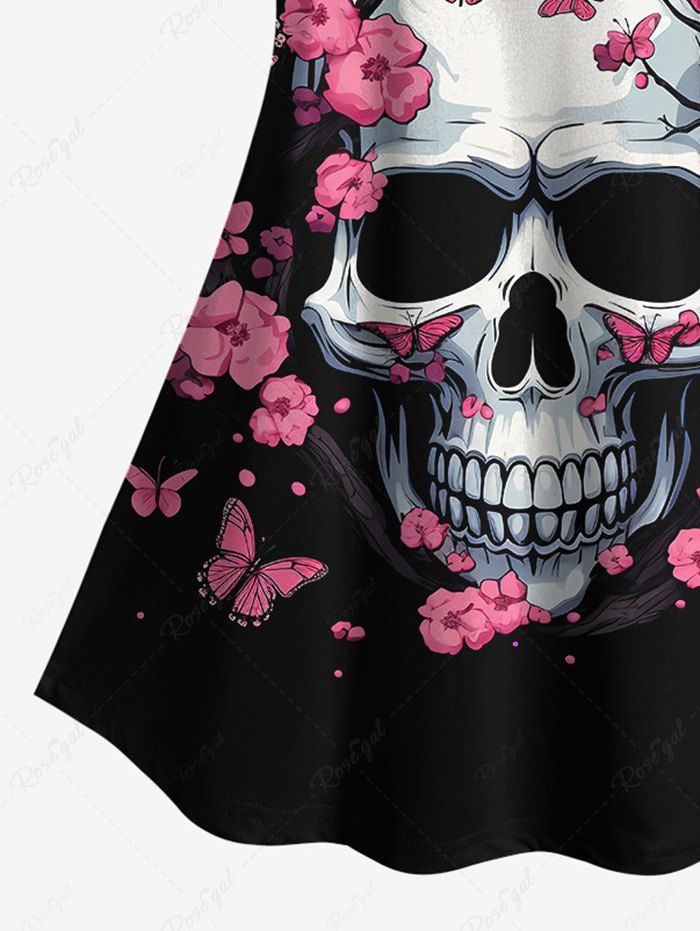 Gothic Striped Raglan Sleeves Peach Blossom Skull Butterfly Branch 3D Print Valentines T-shirt