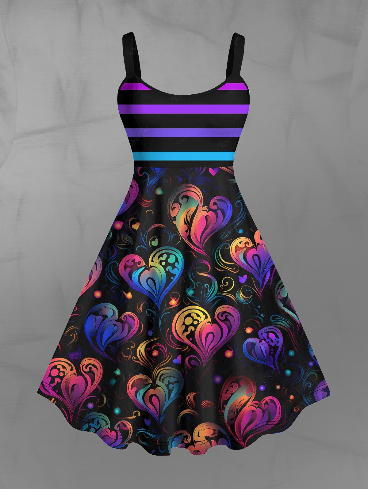 Gothic Plus Size Colorful Glitter Ombre Striped Heart Floral Print Valentines A Line Backless Tank Dress