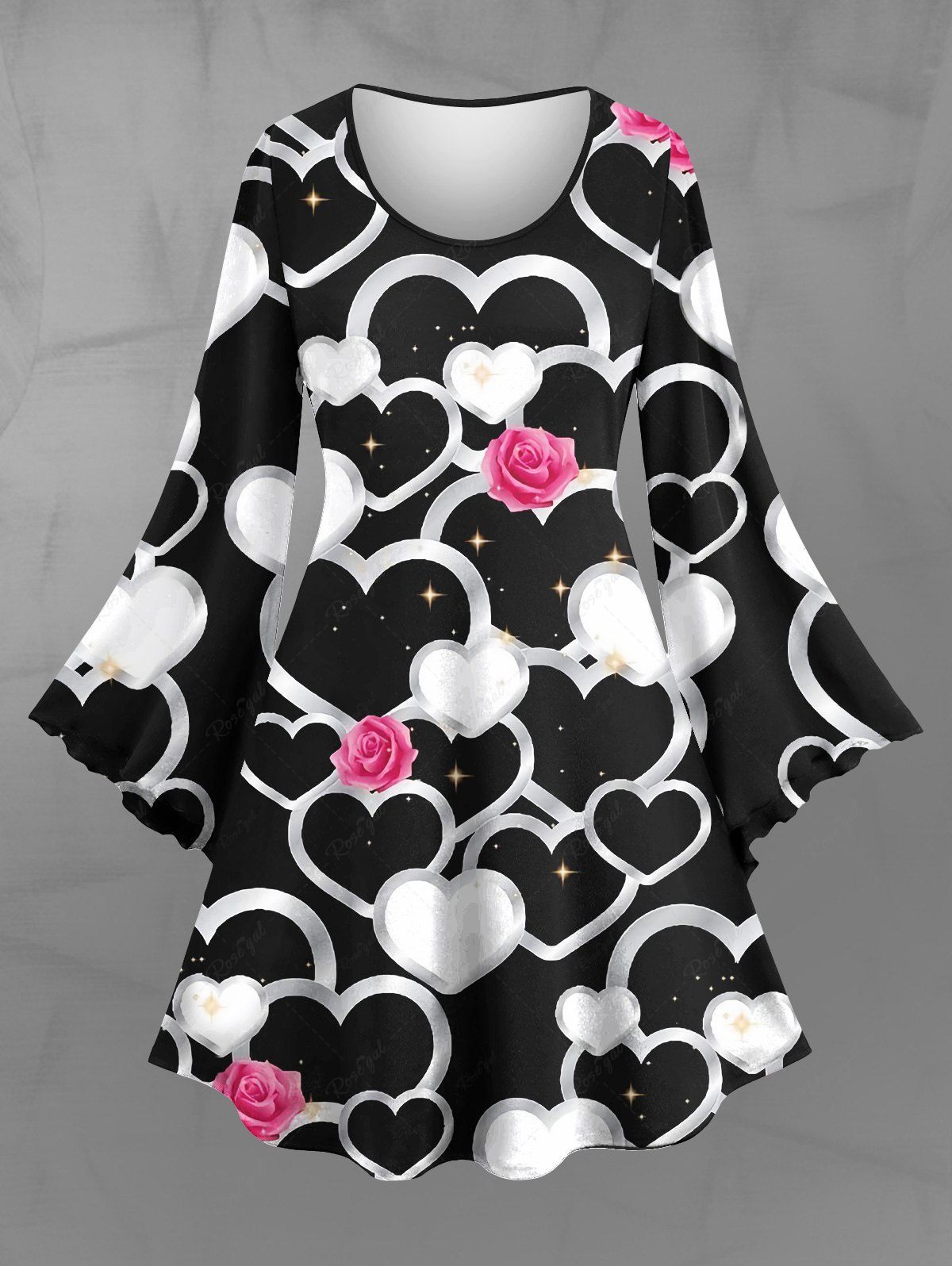 Gothic Plus Size Flare Sleeves Glitter Stars Rose Flower Heart Print Valentines A Line Dress