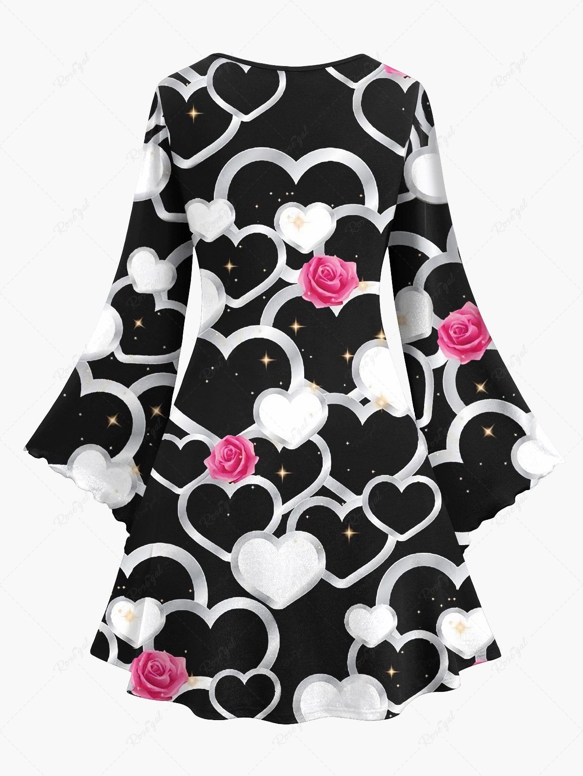 Gothic Plus Size Flare Sleeves Glitter Stars Rose Flower Heart Print Valentines A Line Dress