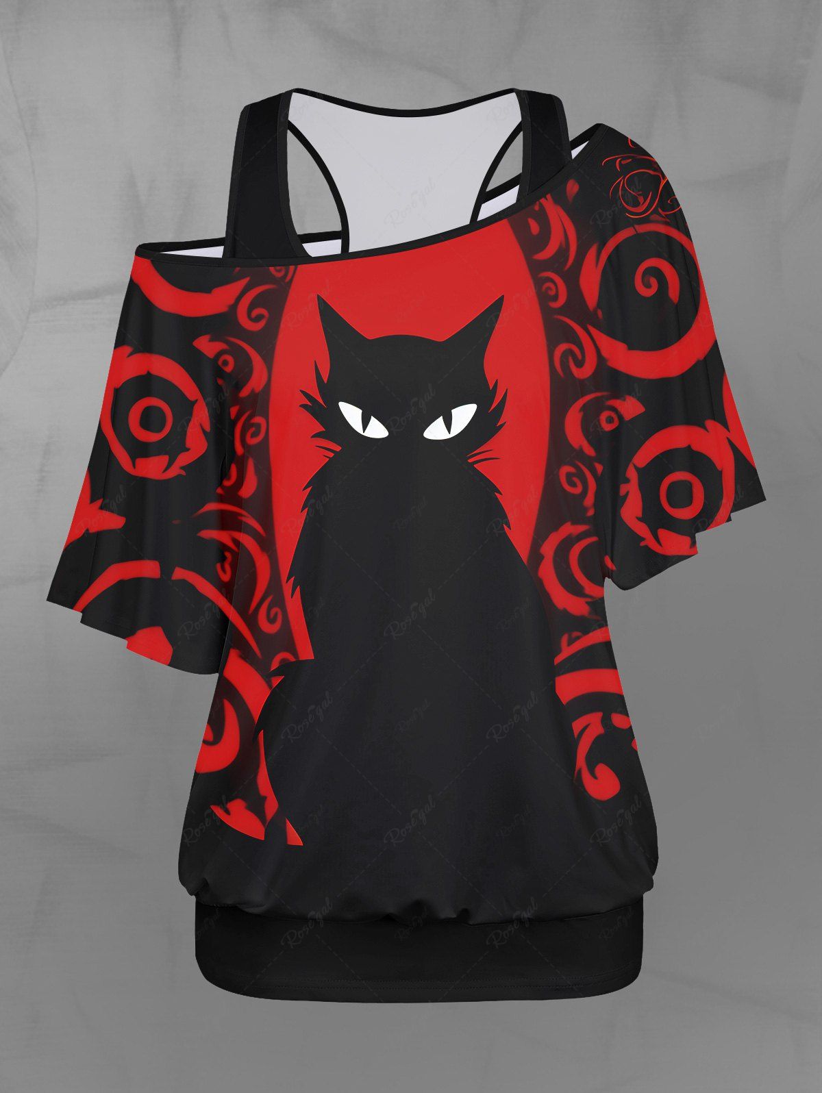 Gothic Plus Size Basic Solid Racerback Tank Top and Cat Eye Spiral Print Skew Neck Batwing Sleeves T-shirt Set