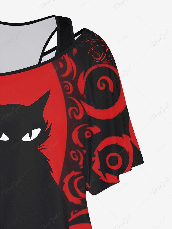 Gothic Plus Size Basic Solid Racerback Tank Top and Cat Eye Spiral Print Skew Neck Batwing Sleeves T-shirt Set