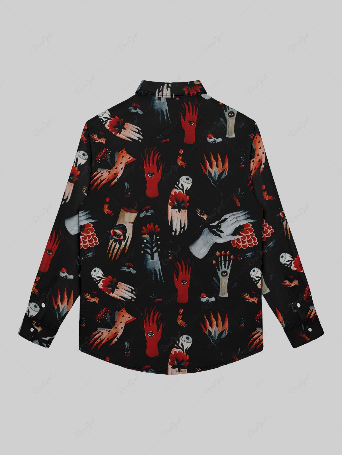 Gothic Plus Size Turn-down Collar Skeleton Bloody Hand Floral Eye Print Buttons Shirt For Men