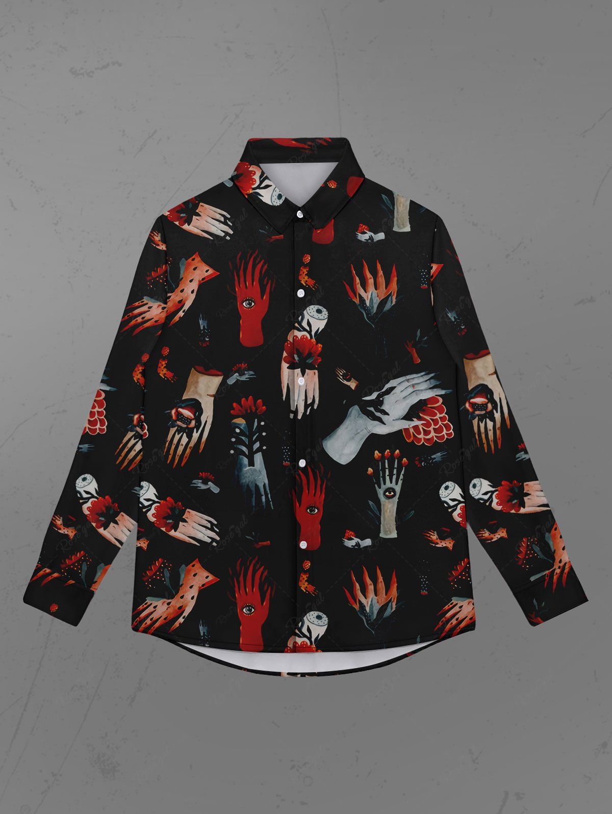 Gothic Plus Size Turn-down Collar Skeleton Bloody Hand Floral Eye Print Buttons Shirt For Men