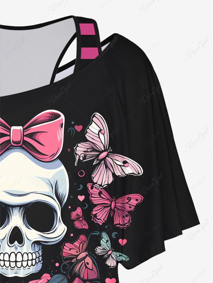 Gothic Plus Size Striped Print Racerback Tank Top and Skull Butterfly Bowknot Rose Flower Leaf Graphic Skew Neck Valentines T-shirt Set