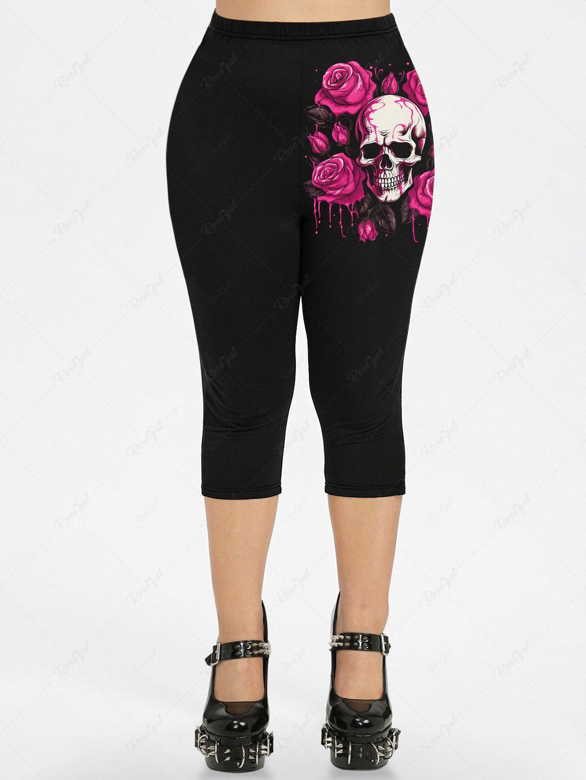 Gothic Plus Size Bloody Rose Flower Skull Leaf Print Pocket Valentines Capri Leggings