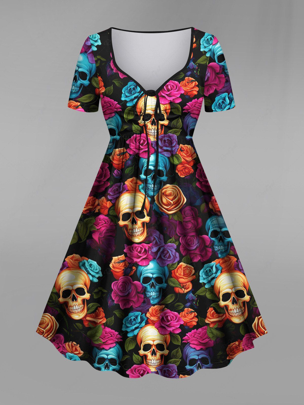 Gothic Plus Size Colorful Rose Flower Leaf Skulls Print Cinched Valentines A Line Dress