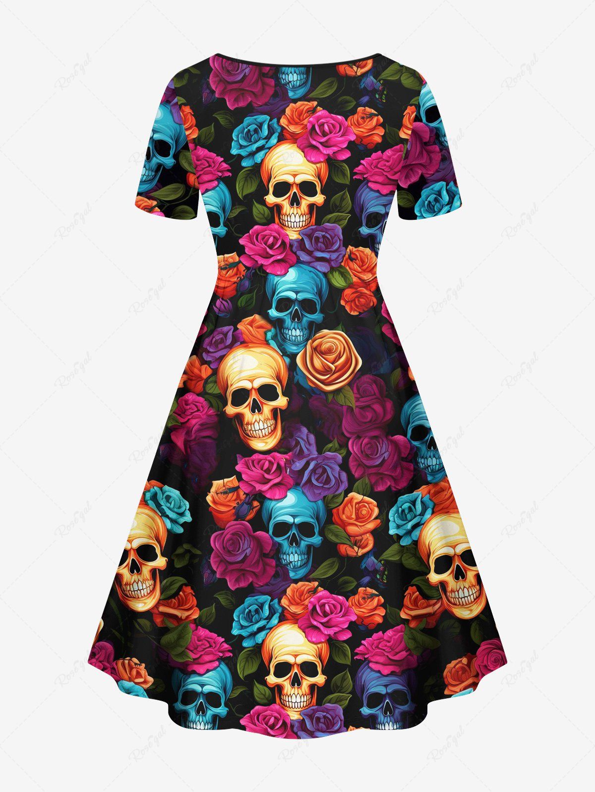 Gothic Plus Size Colorful Rose Flower Leaf Skulls Print Cinched Valentines A Line Dress