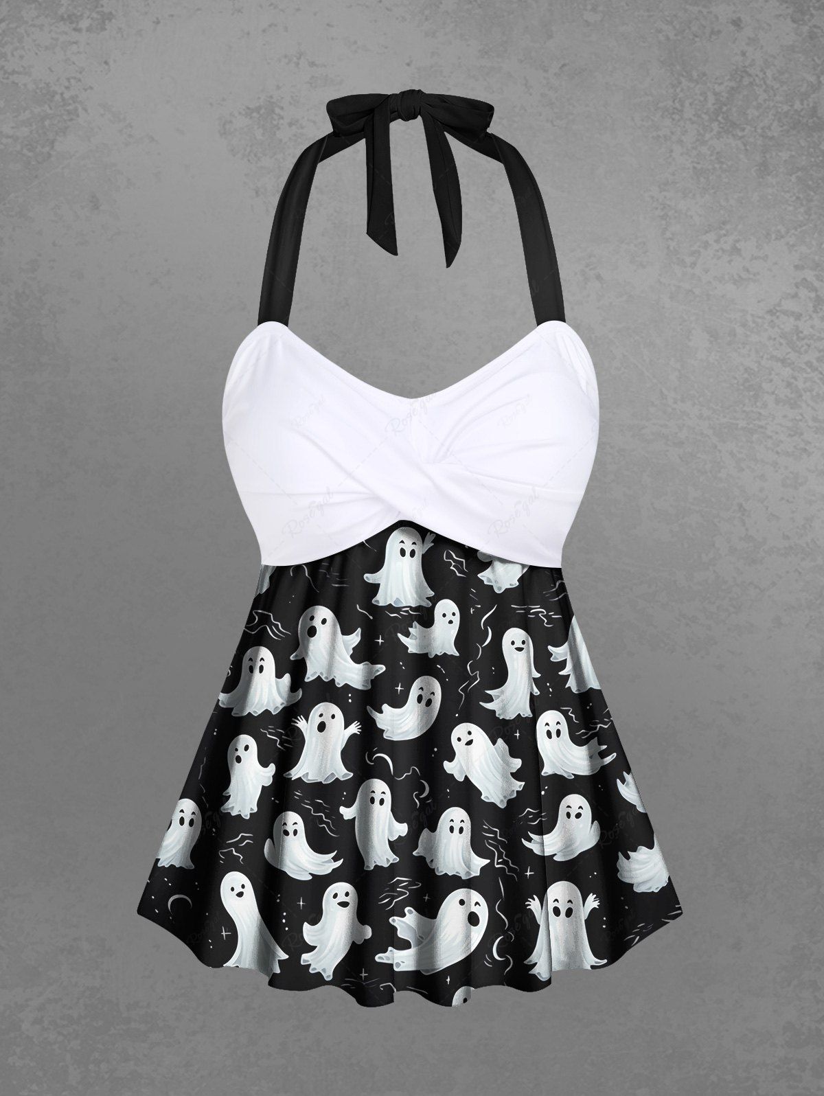 Gothic Plus Size Cute Ghost Print Twist Halter Backless Tankini Top