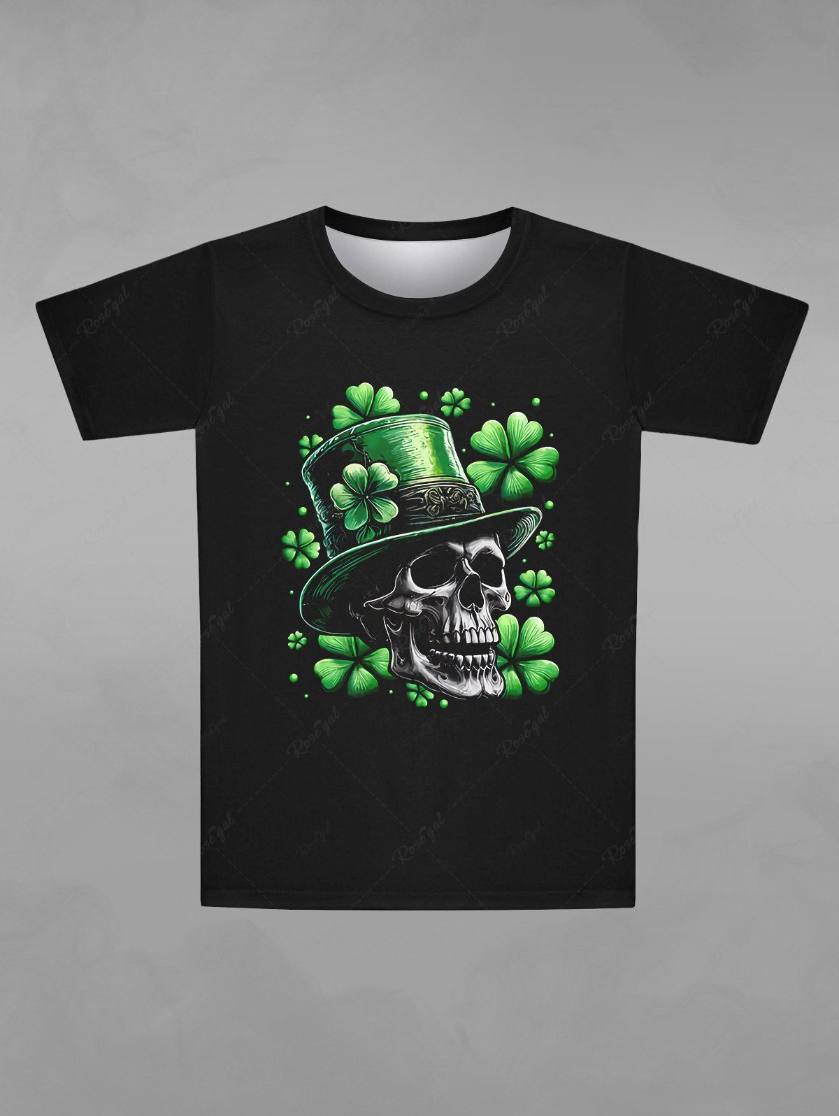 Gothic Lucky Four Leaf Clover Hat Skull Print Short Sleeves T Shirt Fo