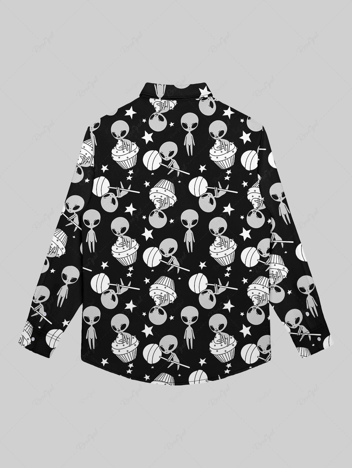 Gothic Plus Size Turn-down Collar Skull Alien Candy Ice Cream Stars Print Buttons Shirt For Men